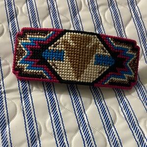 Handwoven Geometric Beaded Barrette in Pink, Blue & Gold